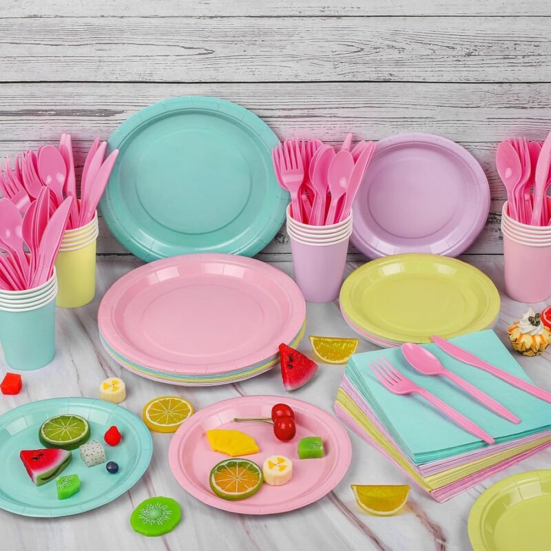 durony 192 Pcs Pastel Party Supplies Paper Plates Cups Napkins Macaron Color Pink Cutlery Plastic Forks Knives Spoons Disposable Tableware for Birthday Baby Shower Wedding Decorations Serve 24 Guests - Image 4