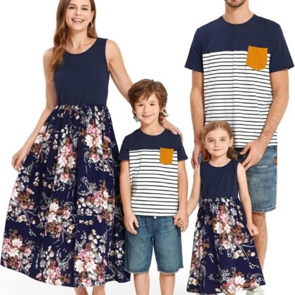 PATPAT Family Matching Outfits Mommy and Me Dresses Tropical Boho Floral Tank Maxi Dresses and T-Shirts Matching Sets