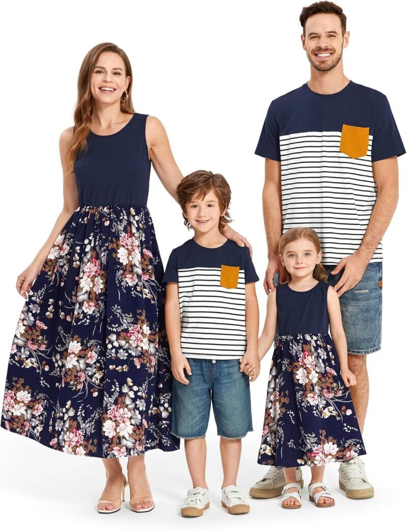 PATPAT Family Matching Outfits Mommy and Me Dresses Tropical Boho Floral Tank Maxi Dresses and T-Shirts Matching Sets