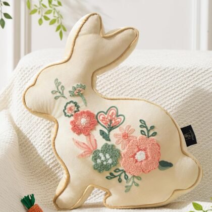 Phantoscope Happy Easter Bunny Shaped Throw Pillow, Embroidered Floral Patterns Cushion Soft Velvet Easter Rabbit Decorative Pillow for Couch Living Room Bed, Beige,18 x 15 inches
