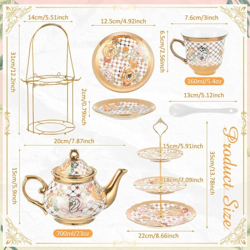 Maxcheck 21 Pcs Tea Party Set for Adults European Floral Tea Set with Metal Holder and 3 Tier Ceramic Cake Stand Porcelain Flower Cup Teapot for Dessert Cupcake(Stylish Style) - Image 2