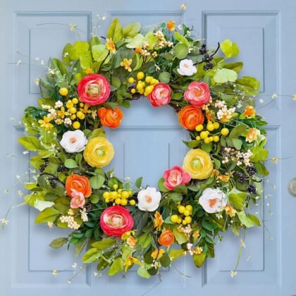 Spring Wreaths for Front Door, Soomeir Summer Peony Outdoor Wreath, Green Floral Door Decor for All Season Home Wall Wedding Farmhouse Holiday (Colorful Peony)