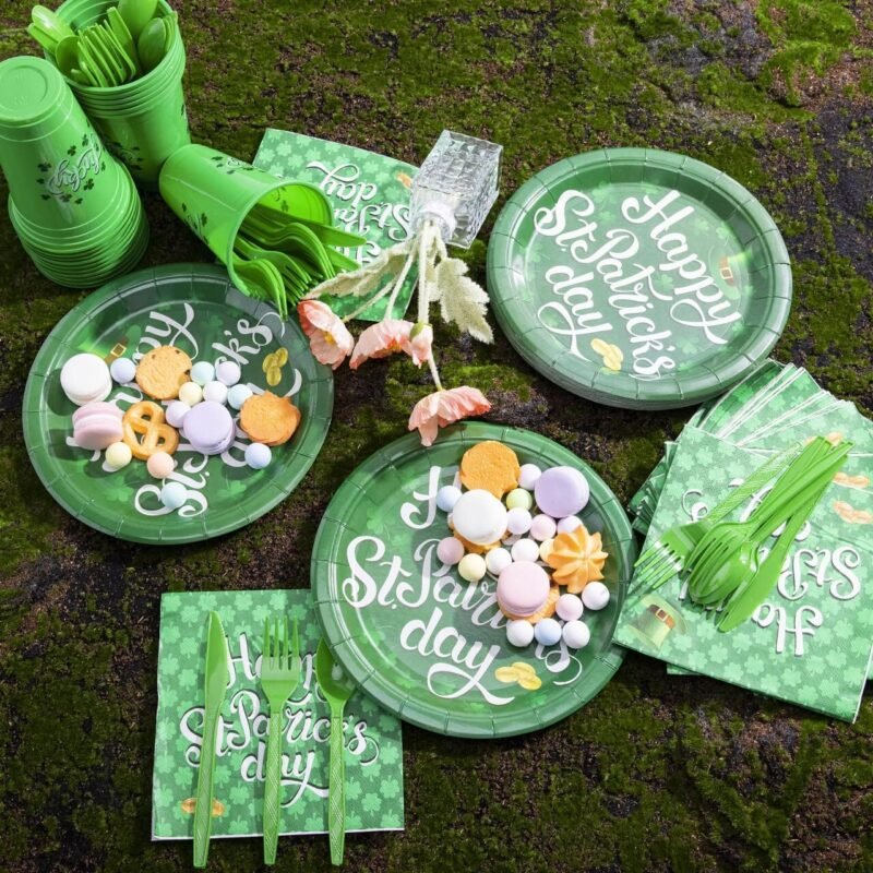 JOYIN 126PCS St Patrick's Day Tableware Set Serves 18 People with Shamrock Cups, 9 inche Plates, Paper Napkins, Knifes, Forks, Spoons for Party Supplies, Party Decoration Dinner Kit - Image 6