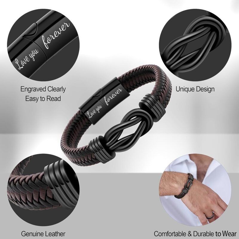 Gift for Men Infinity Bracelet for Men Dad Husband Boyfriend Son Grandson Brother Nephew Uncle Brown Braided Leather Forever Linked Together Stainless Steel Engraved with Love You Forever Jewelry 7.5|8.5|9 Inches - Image 5