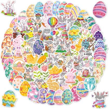 2025 New Holographic Easter Stickers for Kids & Adults, 100Pcs Cute Easter Bunny Rabbits Eggs Vinyl Waterproof Stickers for Water Bottle Laptop Phone Skateboard Cups Envelopes Cars