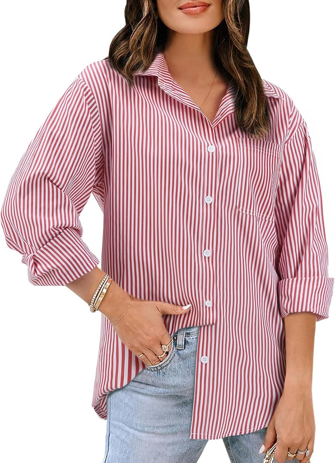 Women's Striped Long Sleeve Button Down Shirts V Neck Casual Tops Classic Office Work Blouses with Pocket