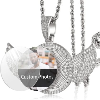 YIMERAIRE Personalized Hip Hop Memory Pendant Necklace Custom Picture Blank Pendant Charm Iced Out Round Angel Wings Rhinestone Pendant Trays Necklace with Rope Chain for Women and Men