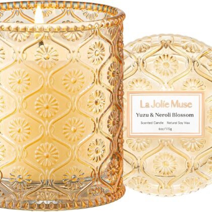 LA JOLIE MUSE Yuzu & Neroli Blossom Scented Candles, Citrus Candles for Home Scented, Natural Soy Wax Candle, Candles Gifts for Women, 6 oz 40 Hours Burn