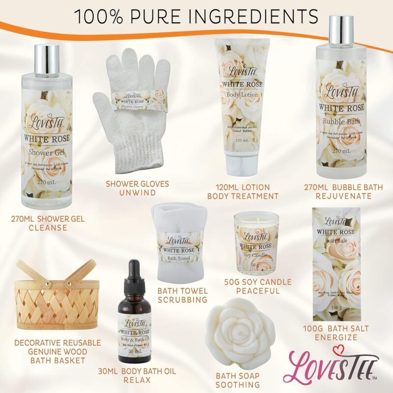 Valentines Day Bath & Body Spa Gift Basket for Women, Best Gift for Mother's Day & Birthday, White Rose Set Body Lotion, Shower Gel, Bubble Bath, Bath Salt, Towel, Soap, Oil, Candle, Gloves, - Image 2