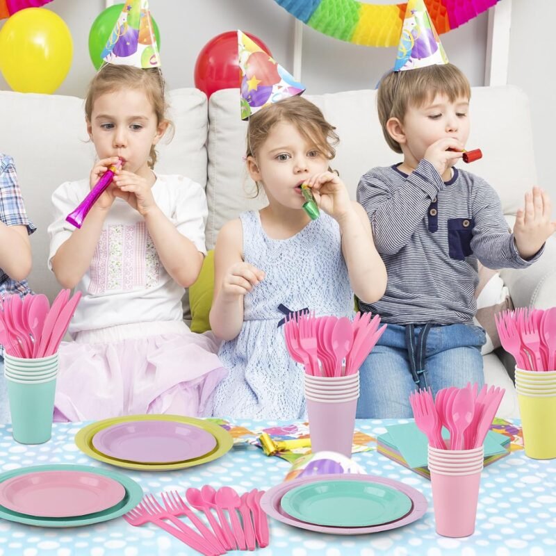 durony 192 Pcs Pastel Party Supplies Paper Plates Cups Napkins Macaron Color Pink Cutlery Plastic Forks Knives Spoons Disposable Tableware for Birthday Baby Shower Wedding Decorations Serve 24 Guests - Image 5