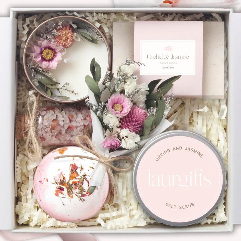 Orchid & Jasmine Spa Gift Set for Women – Luxurious Valentine's Day Spa Gift Baskets for Women – Perfect Birthday Gifts for Women, Gifts for Mom, Wife, Sister, Friend, Bath Gifts for Women