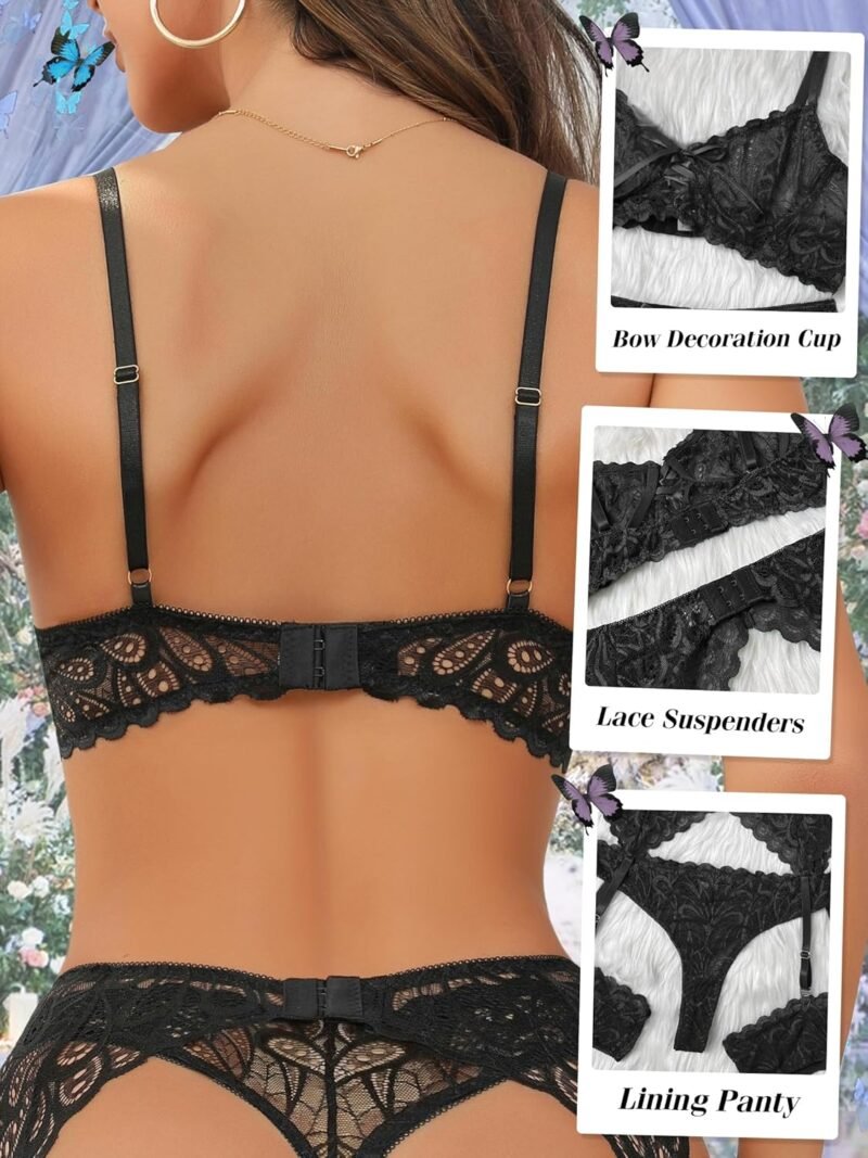 Sexy Lingerie for Women,3 Piece Lace Lingerie Set Bra and Panty Sets with Garter Belt Babydoll Teddy - Image 3