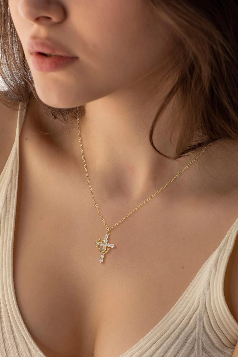 Tewiky Diamond Cross Necklace for women-Dainty 14k Gold Cubic Zirconia Pendant Necklaces Simple Gold Cross Pendant Necklace Cute Tiny Gold Jewelry - Image 6