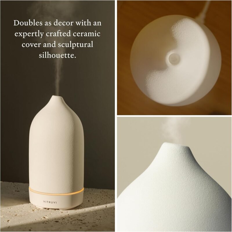 Vitruvi Stone Diffuser, Ceramic Ultrasonic Essential Oil Diffuser for Aromatherapy | Ceramic Diffuser, Diffusers for Home, Oil Diffuser, Housewarming Gift | White, 90ml Capacity - Image 3