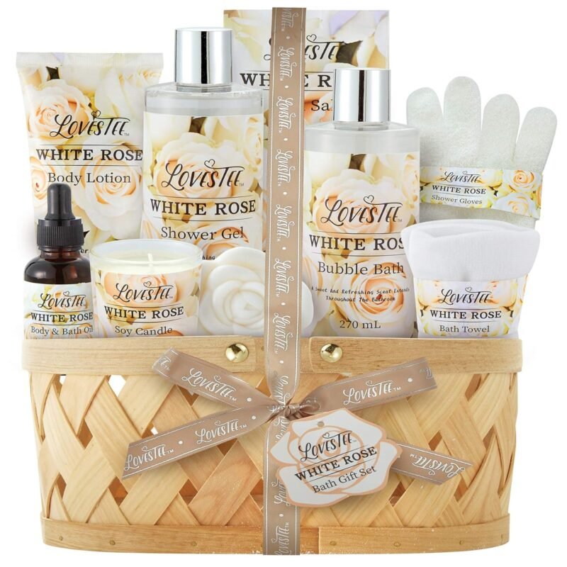 Valentines Day Bath & Body Spa Gift Basket for Women, Best Gift for Mother's Day & Birthday, White Rose Set Body Lotion, Shower Gel, Bubble Bath, Bath Salt, Towel, Soap, Oil, Candle, Gloves,