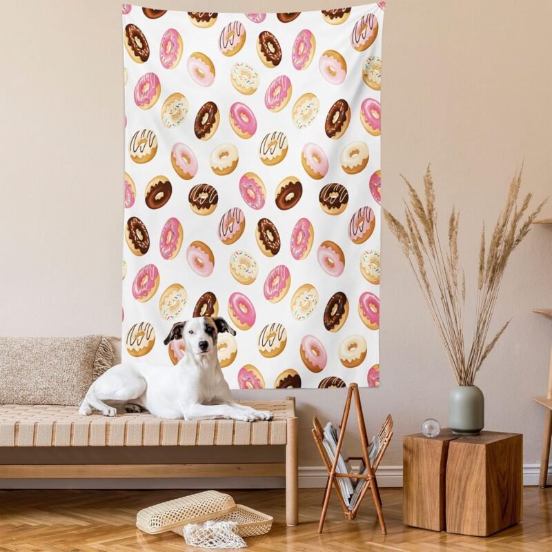 Ambesonne Food Tapestry, American Traditional Classic Breakfast Fast Food Dessert Tasty Donuts Art Print, Wall Hanging for Bedroom Living Room Dorm Decor, 40" X 60", Coral Cream - Image 2