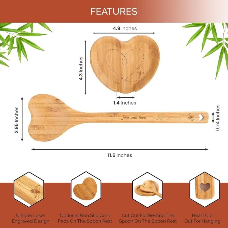 Heart Shaped Wooden Spoon & Heart Spoon Rest With A Unique Bumble Bee Design. Queen Bee Kitchen decor and accessories - Engraved With Just Add Love - Image 2