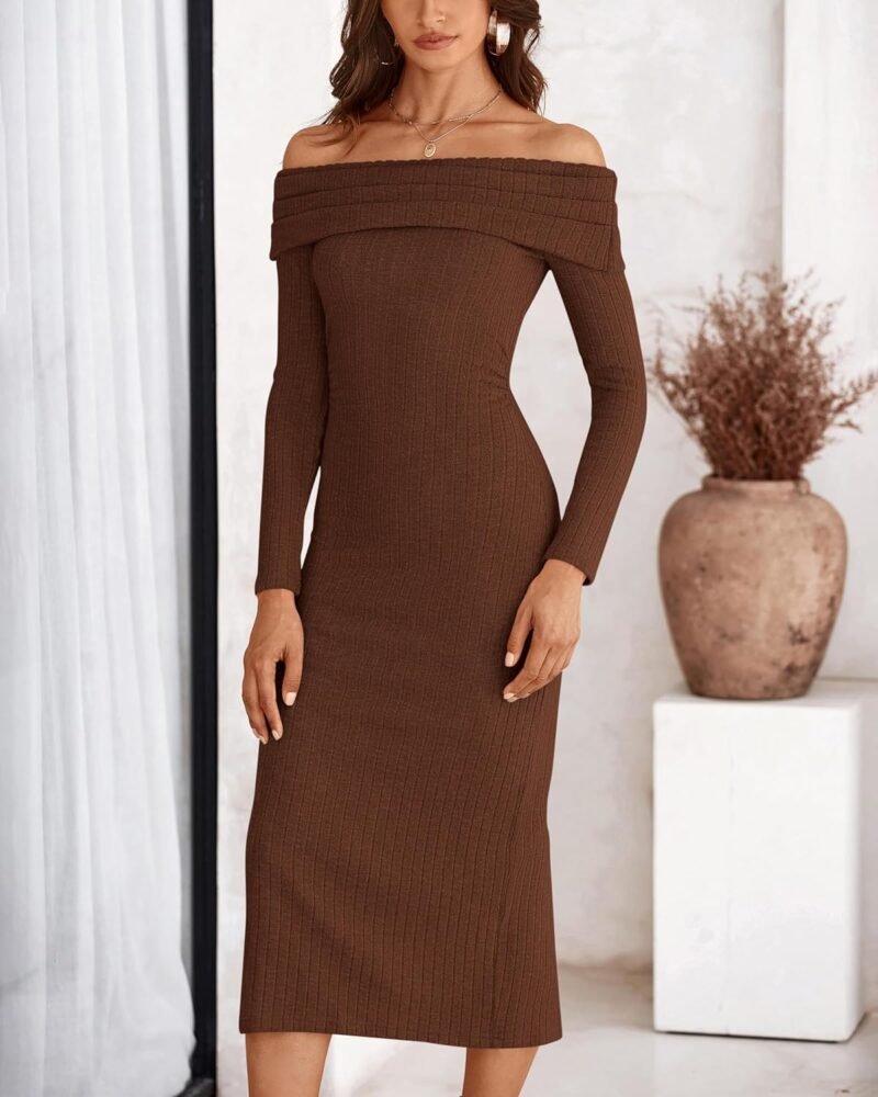 PRETTYGARDEN Women's Fall Dresses 2025 Sexy Off Shoulder Long Sleeve Bodycon Ribbed Knit Club Wedding Pencil Midi Dress - Image 3