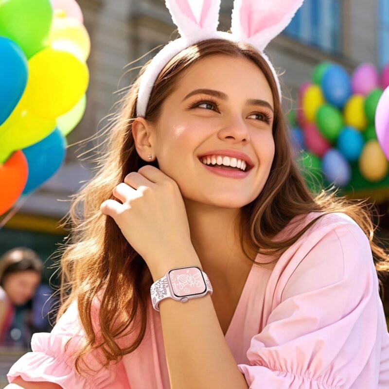 wipalor Easter Rabbit Eggs Band for Apple Watch Bands for Women 42mm(Series 10) 41mm 40mm 38mm, Cute Soft Silicone Bunny iWatch Bands for iPhone Watch Bands Series 10 9 8 7 6 5 4 3 2 1 SE-White/Pink - Image 5