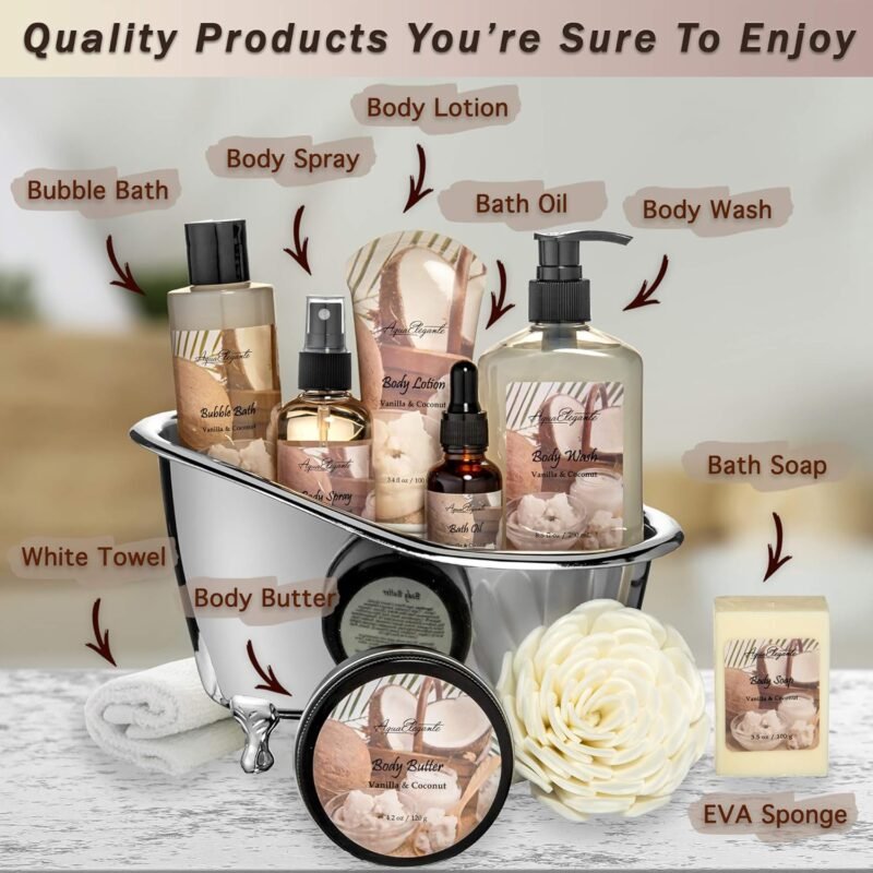 Spa Gift Baskets For Women - Luxury Bath Set With Coconut & Vanilla - Spa Kit Includes Body Wash, Bubble Bath, Lotion, Body Butter, Soap, Body Spray, Shower Puff, and Towel - Image 2