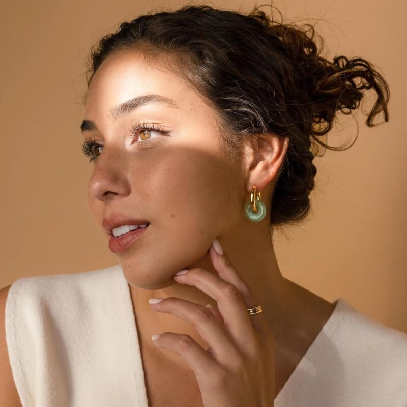 CAITLYNMINIMALIST Natural Jade Chunky 18K Gold Dangle Drop Bold Huggie Hoop Earrings for Women Gift for Her - Image 3