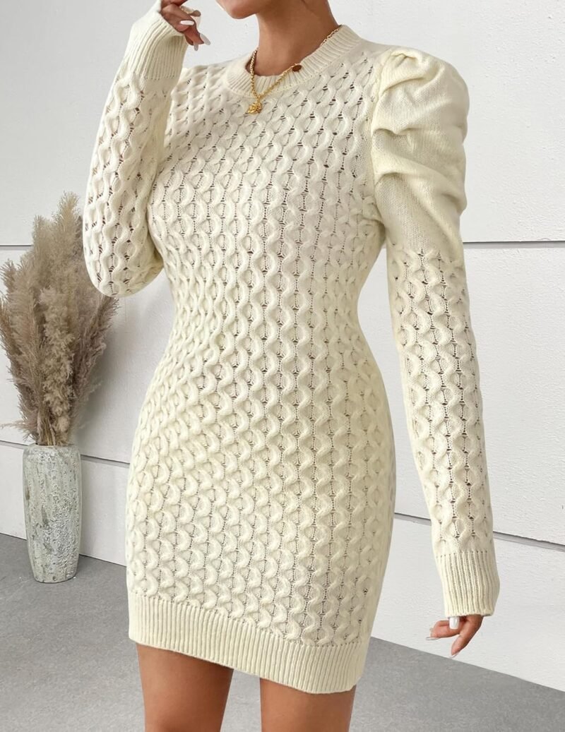 Women's Cute Cable Knit Mini Sweater Dress Fall 2024 Ladies Dressy Casual Chunky Crewneck Puff Long Sleeve Dresses - Image 2