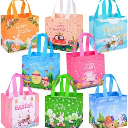 Iioscre 8 PCS Easter Gift Bags Egg Hunt Bags, Reusable Easter Basket with Handles, Non woven Easter Treat Bags Tote Bags for Kids Easter Egg Hunt Game Easter Party Supplies