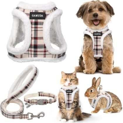GAMUDA Small Dog Harness Collar and Leash Set, Step in No Chock No Pull Soft Mesh Adjustable Dog Vest Harnesses Plaid Reflective for Dogs Puppy Cats Kitten Rabbit (Warm Beige, M)