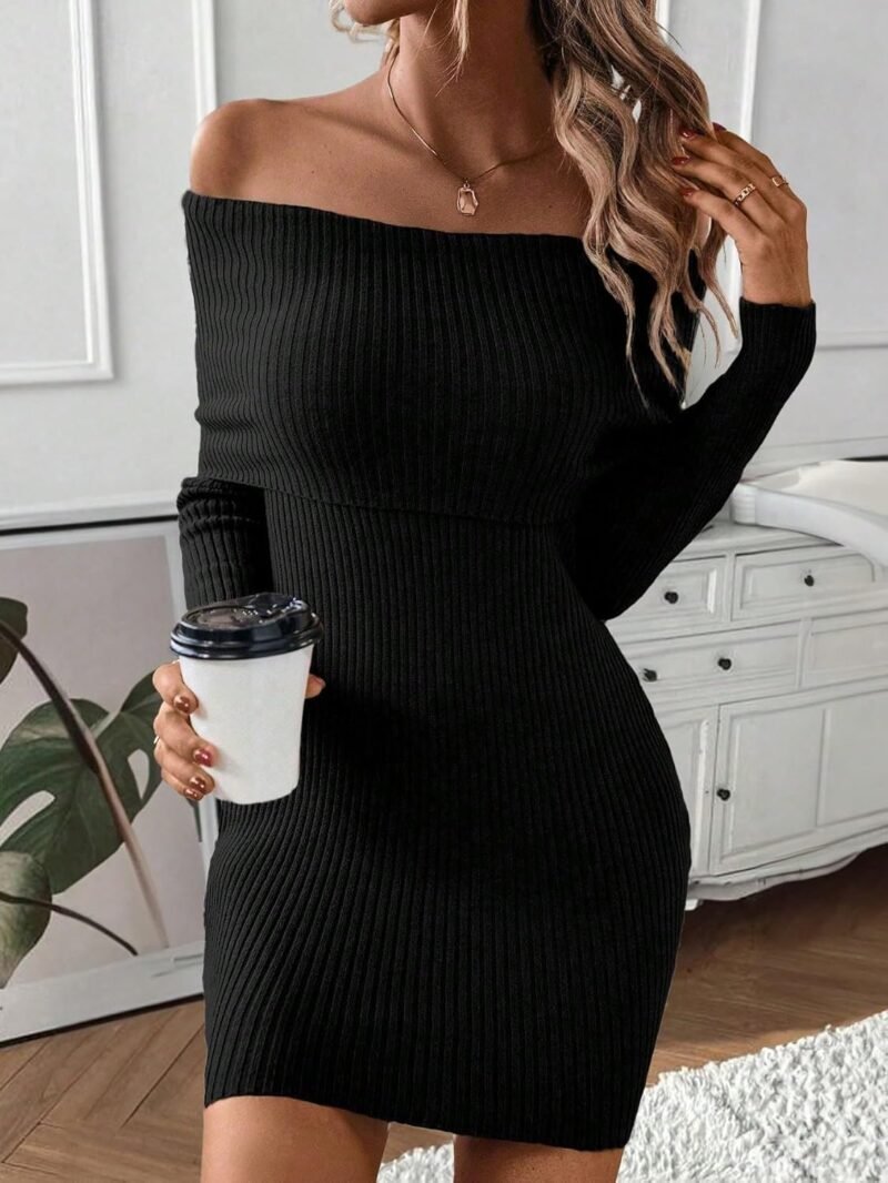 MakeMeChic Women's Off Shoulder Sweater Dress Long Sleeve Bodycon Slim Fit Rib Knitted Short Dresses - Image 6