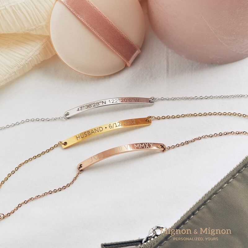 Custom Name Bracelet Coordinate Engraved Bracelet for Women Valentines Gifts for Mother Day id bracelet women Gold BarJewelry for Teen Girls -12BR - Image 2