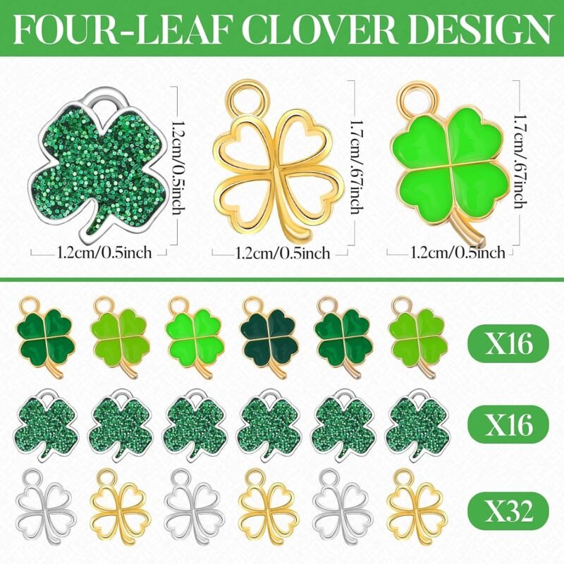56 Pcs St. Patrick's Day Craft Supplies Lucky Four Leaf Clover Charms Pendants DIY Bracelet Charms 8 Sequins 16 Silver Hollow 16 Gold Hollow 16 Shamrock St. Patrick's Day Pendants - Image 2