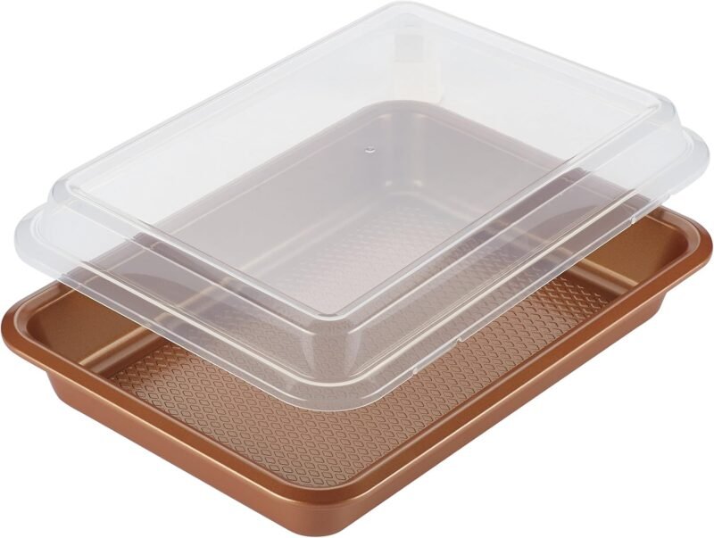 Ayesha Curry Nonstick Bakeware Nonstick Baking Pan With Lid / Nonstick Cake Pan With Lid, Rectangle - 9 Inch x 13 Inch, Brown, Copper