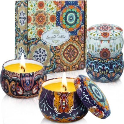 Scented Soy Candles Aromatherapy Gift Set: Rose Lavender Vanilla Jasmine 4pcs Natural Wax 4.4 Ounce Travel 100% Soy Wax Tin Fragrance Relaxing Stress Relief Aroma Home Bath Spa Gifts for Women