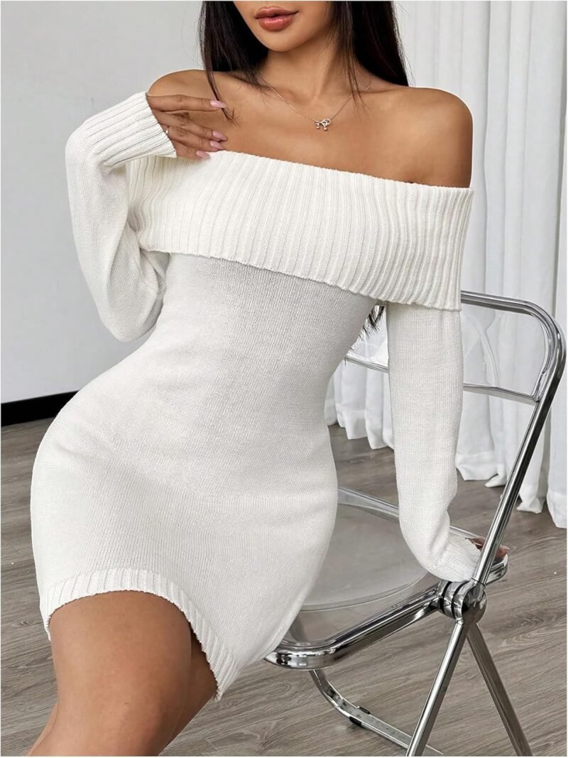 MakeMeChic Women's Off Shoulder Mini Sweater Dress Rib Knit Long Sleeve Bodycon Party Club Short Dresses - Image 3