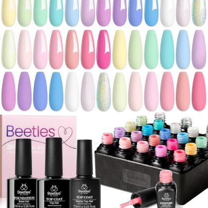 beetles Gel Polish Nail Set 20 Colors Spring Pastel Girly Sparkle Glitter Uv Gel Dreamy Town Collection Macaroon Bright Pastel Nail Manicure Kit with 3Pcs Base Top Coat Gift for Women