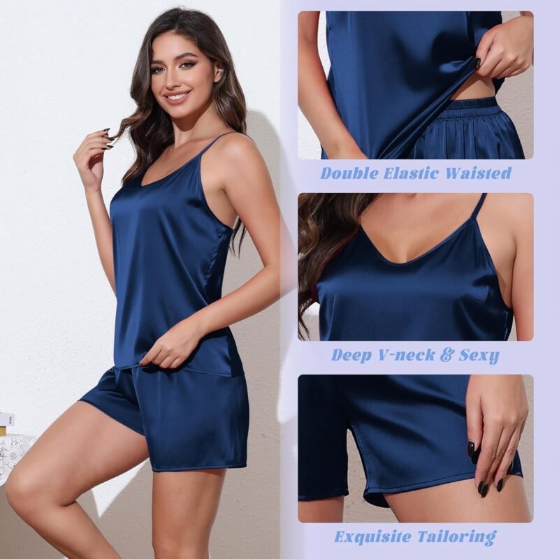 SIIK 100% Mulberry Silk Pajamas Set for Women Sleepwear Lingerie Camisole Top and Shorts Pjs, Dark Blue 2 Piece - Image 4