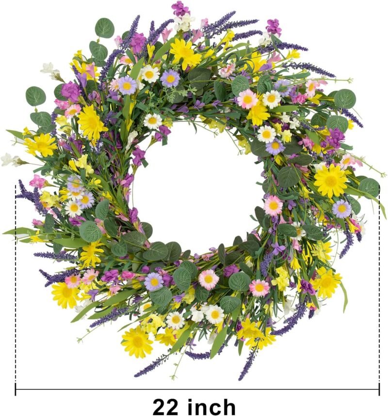 J'FLORU Spring Wreaths for Front Door 22 Inch Artificial Summer Wreath Daisy and Lavender Wreath with Wildflowers for Home Wall Farmhouse Springtime Easter Holiday Party - Image 4
