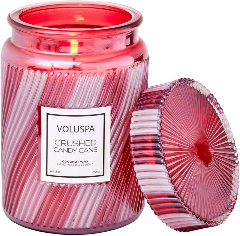 Voluspa | Crushed Candy Cane Candle | Large Glass Jar | 18 Oz. | 100 Hour Burn Time | Coconut Wax for Clean Burning | Christmas Candle | Holiday Candle