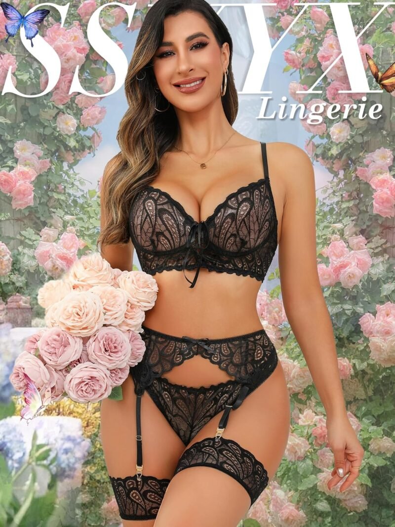 Sexy Lingerie for Women,3 Piece Lace Lingerie Set Bra and Panty Sets with Garter Belt Babydoll Teddy - Image 4