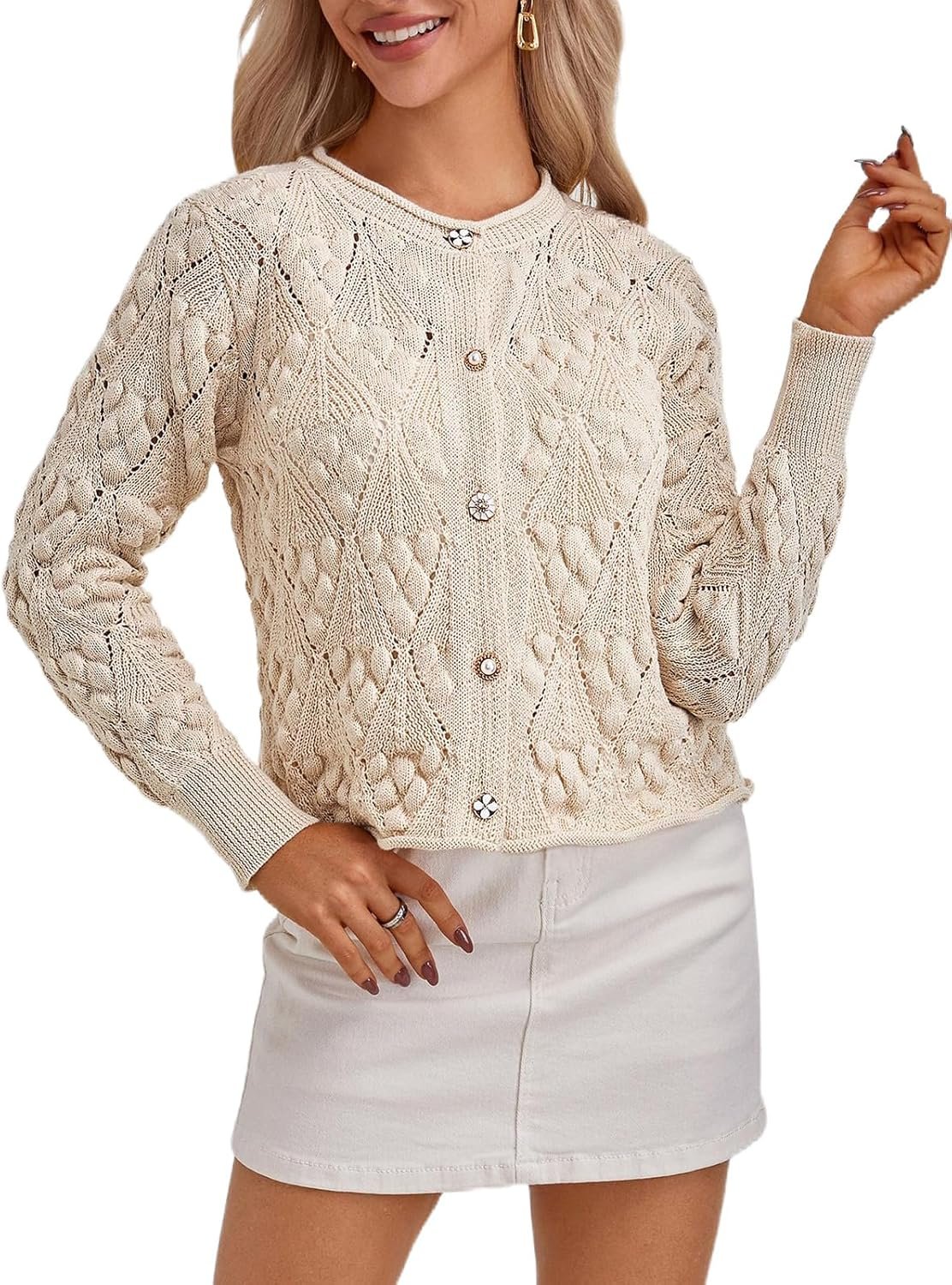 FAIRY SEASON Women's Cardigan Sweaters Casual Long Sleeve Button Cable Knit Cropped Cardigans 2025 Trendy Jackets Outerwear