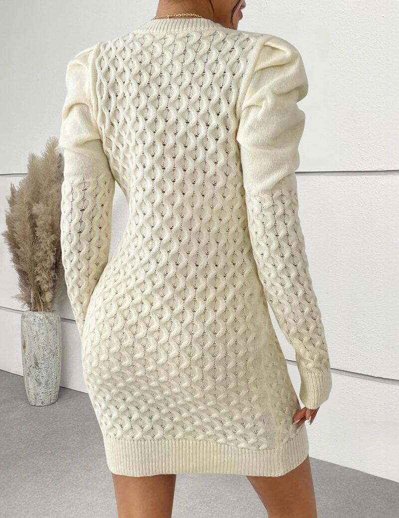 Women's Cute Cable Knit Mini Sweater Dress Fall 2024 Ladies Dressy Casual Chunky Crewneck Puff Long Sleeve Dresses - Image 3