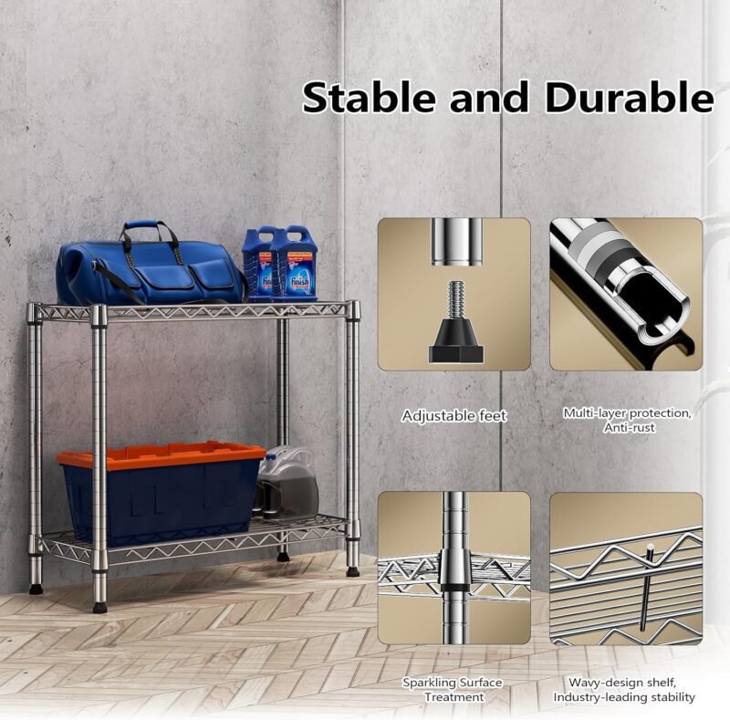 MZG 220 lbs 2 Tier Storage Rack Metal Wire Shelving Unit, Storage Standing Household Shelf Organizer for Laundry Bathroom Kitchen Pantry Closet Garage Utility Room, Chrome 11.8" D x 27.6" W x 23.4" H - Image 6