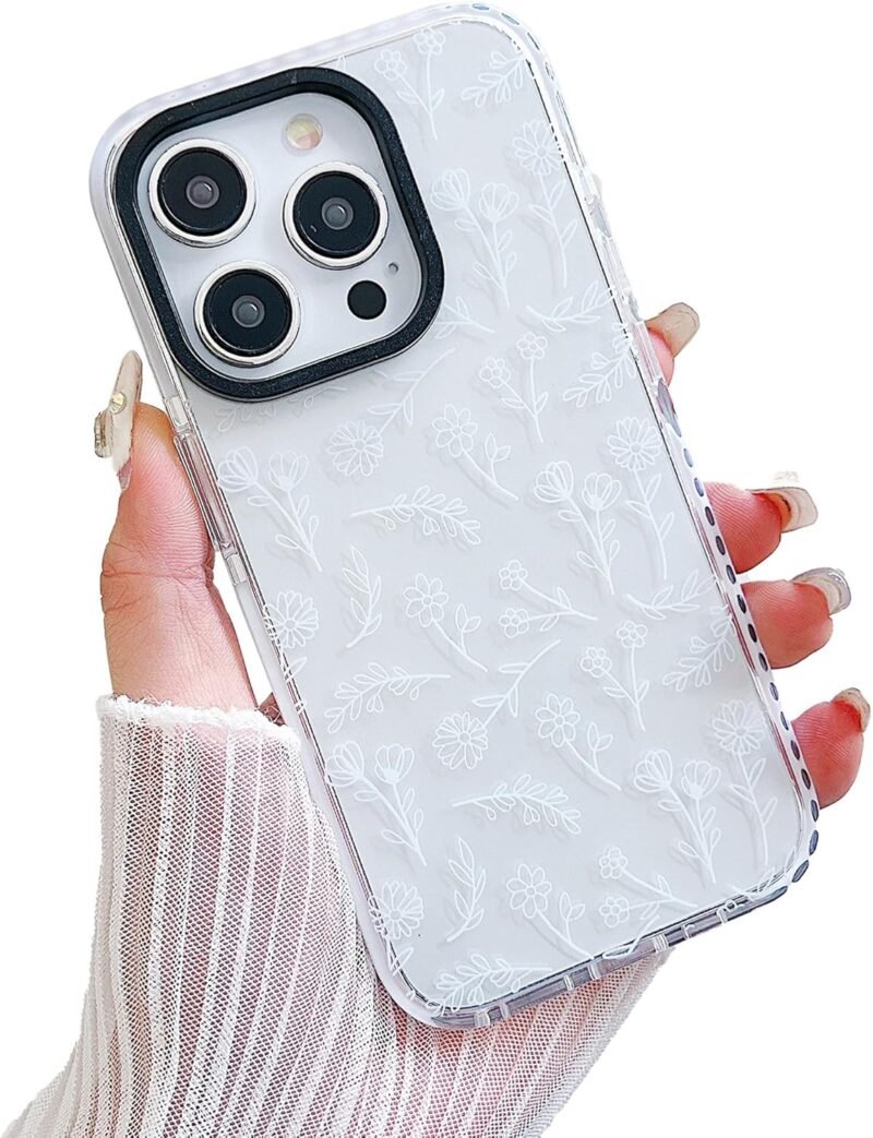 Clear Phone Case,Cute Transparent Silicone White Floral Flower for Women Girls Phone Case,Compatible for iPhone 13 Case/iPhone 14 Case - White