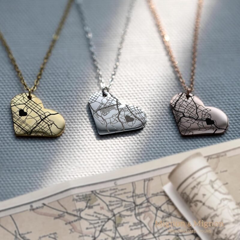 Personalized Map Necklace, Custom Engraved Jewelry for Mom, Long Distance Couple Necklace, Valentines Day Gift for Women – LH-MAP - Image 3