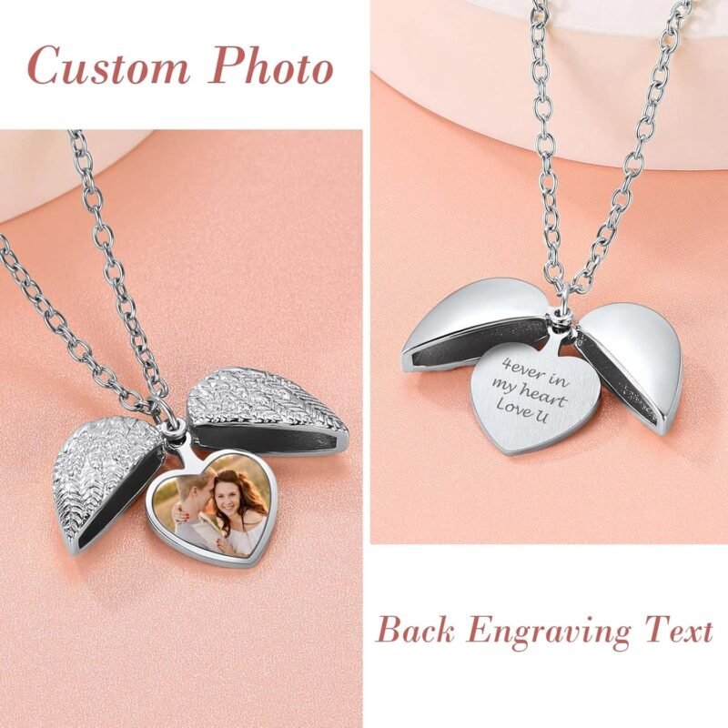 FindChic Personalized Heart Photo Angel Wings Locket Necklace Sterling Silver/Stainless Steel/18K Gold Plated Dainty Custom Full Color Picture Pendant Memorial Jewelry Gift for Girls Family + Gift Box - Image 3