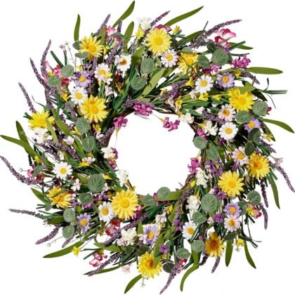 Sggvecsy Daisy and Lavender Wreath 24’’ Wildflower Wreath Spring and Summer Wreath Artificial Spring Wreath Silk Summer Wreath for Front Door Home Wall Wedding Festival Farmhouse Holiday Decor