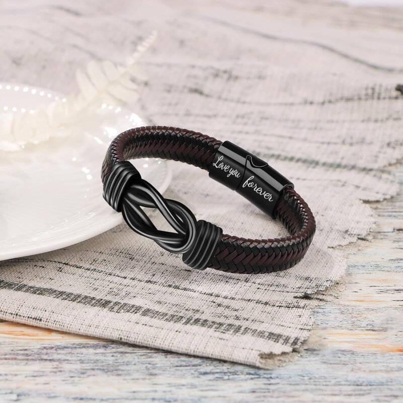 Gift for Men Infinity Bracelet for Men Dad Husband Boyfriend Son Grandson Brother Nephew Uncle Brown Braided Leather Forever Linked Together Stainless Steel Engraved with Love You Forever Jewelry 7.5|8.5|9 Inches - Image 2