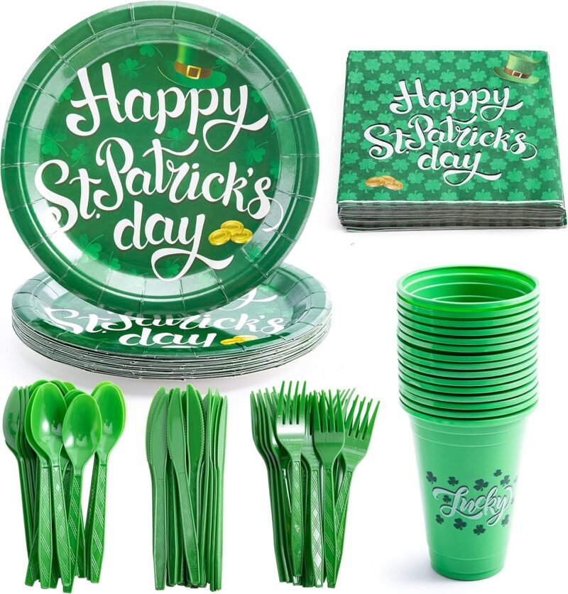 JOYIN 126PCS St Patrick's Day Tableware Set Serves 18 People with Shamrock Cups, 9 inche Plates, Paper Napkins, Knifes, Forks, Spoons for Party Supplies, Party Decoration Dinner Kit - Image 9