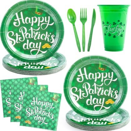 JOYIN 126PCS St Patrick's Day Tableware Set Serves 18 People with Shamrock Cups, 9 inche Plates, Paper Napkins, Knifes, Forks, Spoons for Party Supplies, Party Decoration Dinner Kit
