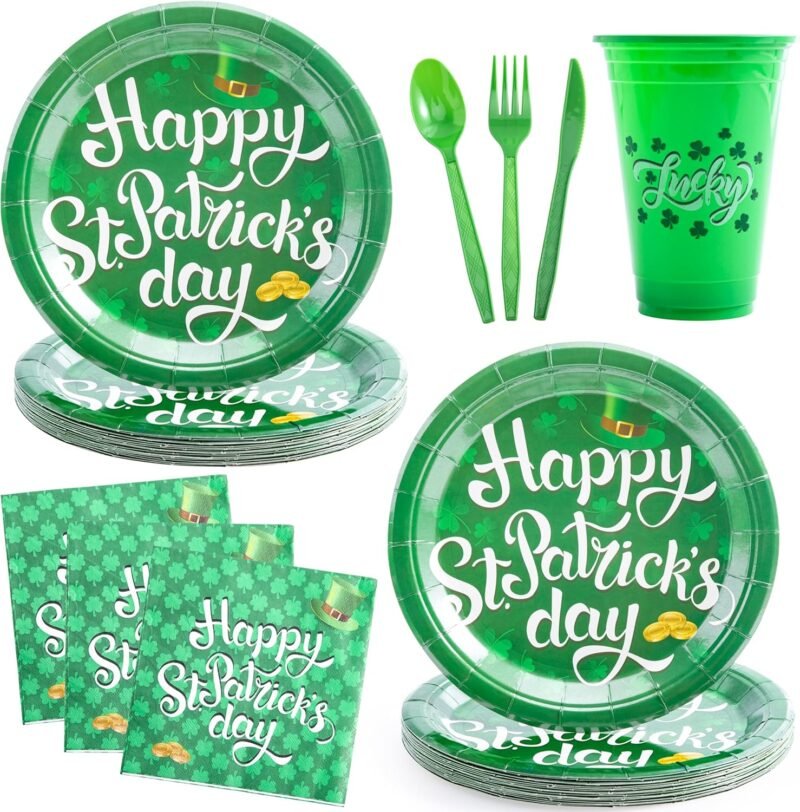 JOYIN 126PCS St Patrick's Day Tableware Set Serves 18 People with Shamrock Cups, 9 inche Plates, Paper Napkins, Knifes, Forks, Spoons for Party Supplies, Party Decoration Dinner Kit